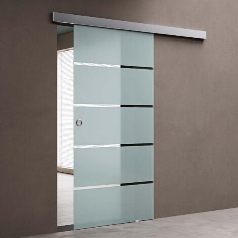 doporro Glasschiebetür Komplettset 77,5 x 215 cm 15mm Wandabstand Schiebetür mit ESG-Sicherheitsglas Zimmertür Glas mit 5-Milchglas-Streifen und Muschelgriff Amalfi-plus 11H