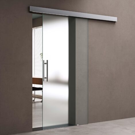doporro Glasschiebetür Komplettset 102,5 x 205 cm 15mm Wandabstand Schiebetür mit ESG-Sicherheitsglas Zimmertür Glas Satiniert mit Stangengriff Amalfi-plus 14
