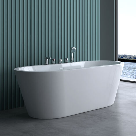 doporro Freistehende Design-Badewanne Vicenza602 180x80x63cm komplett mit Ablaufgarnitur inkl. Armaturen und Überlauf aus Acryl in Weiß und DIN-Anschlüssen