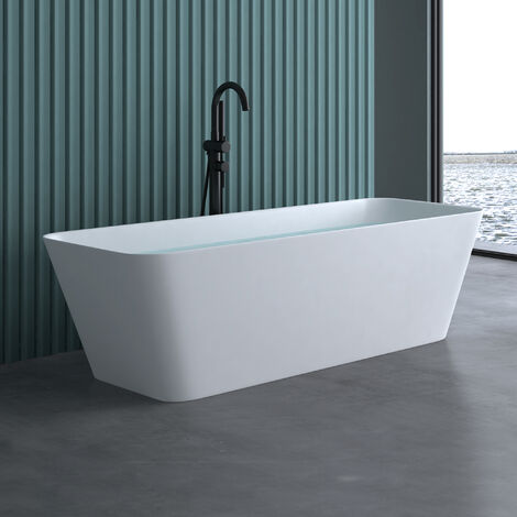 doporro Freistehende Design-Badewanne Vicenza901 170x50x58cm mit Überlauf aus Gussmarmor in Weiß matt