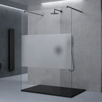 doporro® Duschwand Duschtrennwand 110x200 Walk-In Dusche schwarz mit Doppel-Stabilisator aus Echtglas 8mm ESG-Sicherheitsglas Milchglas-Streifen inkl. Nanobeschichtung