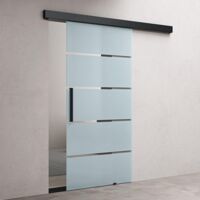 doporro Glasschiebetür Komplettset 90 x 215cm 25mm Wandabstand Schiebetür mit ESG-Sicherheitsglas Zimmertür Glas 5-Milchglas-Streifen und Schwarz Stangengriff Amalfi-plus 13H
