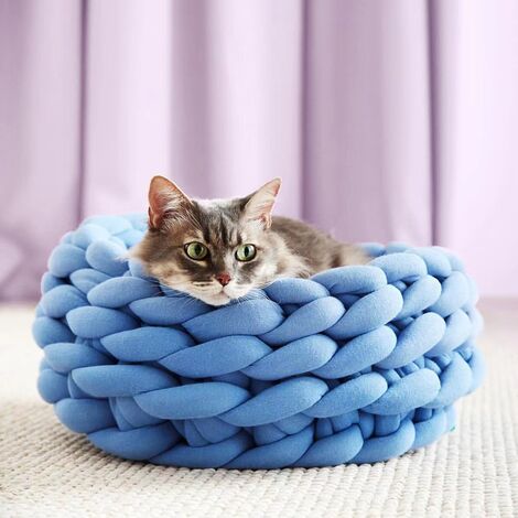 Panier Fait Main Pour Animal De Compagnie Chien Chat Corde Epaisse En Coton Tresse Oreiller Moelleux Pour Dormir Chiot Chaton Laine A Tricoter 35 Cm Bleu