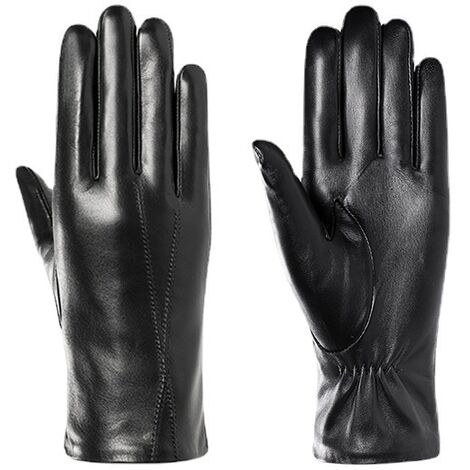 Gants en cuir de mouton véritable pour femmes, gants de moto de conduite pour moto d'hiver avec écran tactile et texte chaud (noir moyen)