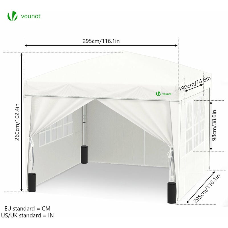 VOUNOT 3m x 3m Pop Up Gazebo with Sides & 4 Weight Bags & Carry Bag, White