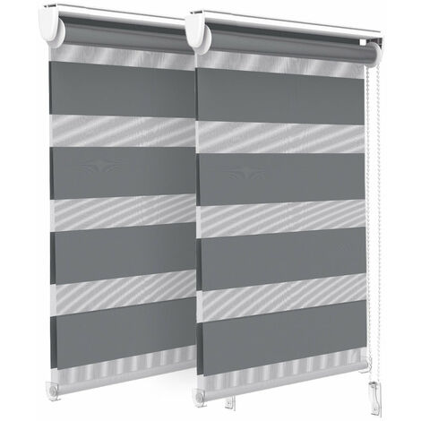 VOUNOT Set of 2 Zebra Roller Blind Double Fabric, Day and Night Translucent or Blackout Vision Curtains, Grey, 50 x 150 cm
