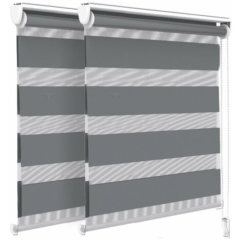 VOUNOT Set of 2 Zebra Roller Blind Double Fabric, Day and Night Translucent or Blackout Vision Curtains, Grey, 90 x 150 cm