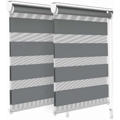 VOUNOT Set of 2 Zebra Roller Blind Double Fabric, Day and Night Translucent or Blackout Vision Curtains, Grey, 55 x 150 cm