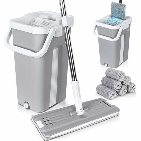 VOUNOT Flat Mop and Bucket set 2-in-1 Hands Free Squeeze with 6 Mop Pads, Grey