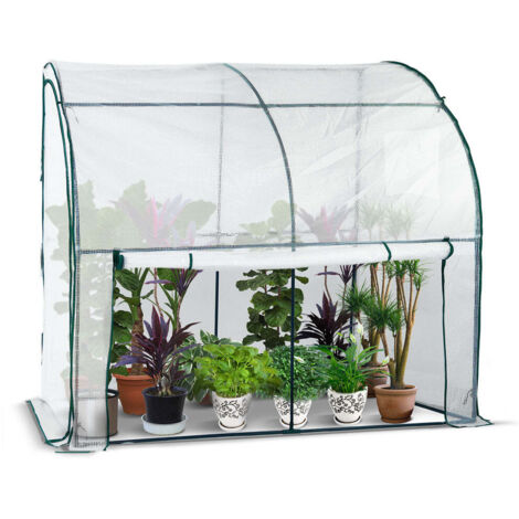 VOUNOT Lean to Wall Greenhouse with Zipped Roll-Up Door 200x100x180cm, White