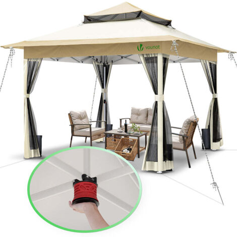 VOUNOT 3.6x3.6m Pop Up Gazebo w/Central Lock System Mesh Side Double Roof Beige
