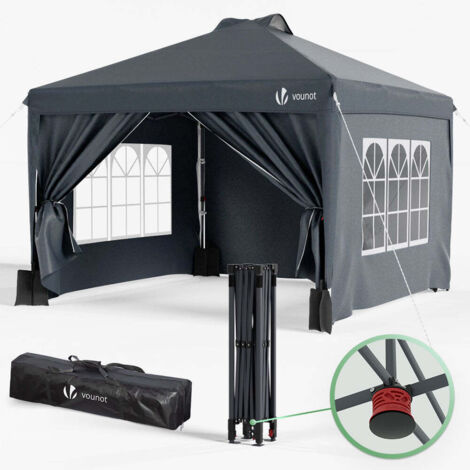 VOUNOT 3x3m Pop up Gazebo w/Central Lock, Sides, Waterproof Garden Marquee Grey