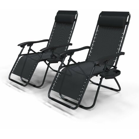 VOUNOT Set of 2 Zero Gravity Chairs, Garden Sun Loungers with Cup and Phone Holder, Black