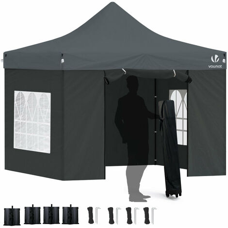 VOUNOT 3x3m Heavy Duty Gazebo with 4 Sides, Pop up Gazebo Fully Waterproof Party Tent with Roller Bag and Leg Weights, Grey