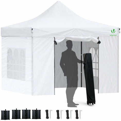 VOUNOT 3x3m Heavy Duty Gazebo with 4 Sides, Pop up Gazebo Fully Waterproof Party Tent with Roller Bag and Leg Weights, White