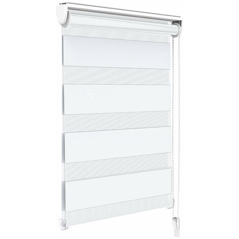 VOUNOT Zebra Roller Blind Double Fabric, Day and Night Translucent or Blackout Vision Curtains, No Drilling for Window and Door , White, 90 x 150 cm