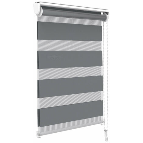 VOUNOT Zebra Roller Blind Double Fabric, Day and Night Translucent or Blackout Vision Curtains, No Drilling for Window and Door , Grey, 80 x 150 cm