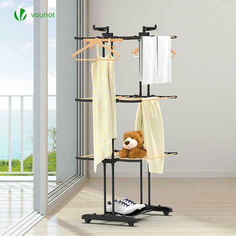 VOUNOT Foldable 3 Tier Clothes Airer, Hang Clothes Dryer, 3 Levels Drying Rack with Wheels,  Wooden Style