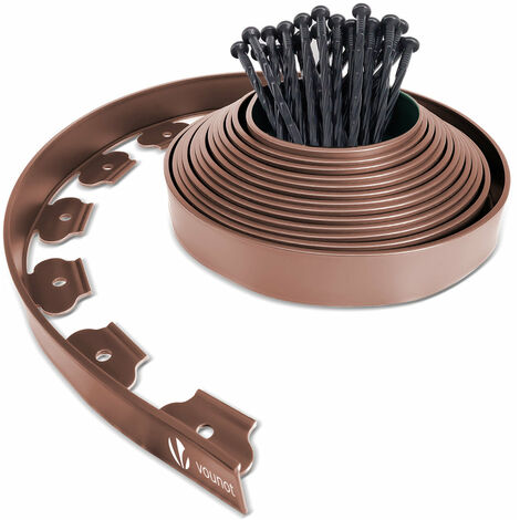 VOUNOT Plastic Garden Edging, Flexible Lawn Edging with Pegs, Brown 10m