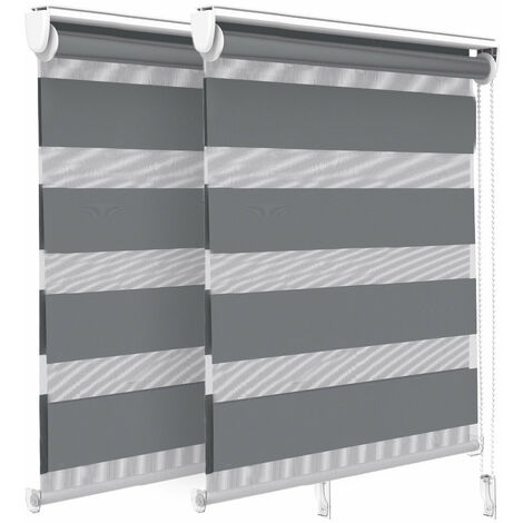 VOUNOT Set of 2 Zebra Roller Blind Double Fabric, Day and Night Translucent or Blackout Vision Curtains, Grey, 80 x 150 cm