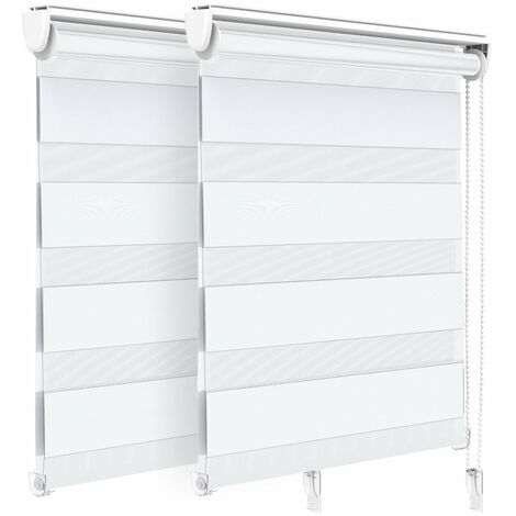 VOUNOT Set of 2 Zebra Roller Blind Double Fabric, Day and Night Translucent or Blackout Vision Curtains, White, 80 x 150 cm