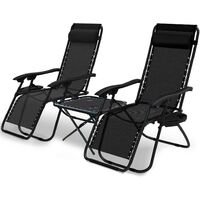 VOUNOT Set of 2 Zero Gravity Chair and Matching Table, Reclining Sun Loungers with Cup & Phone Holder, Black