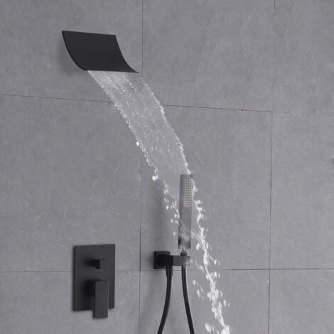 Waterfall Shower Head and Solid Black Hand Shower System
