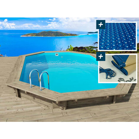 Piscina in legno Miami - 4,86 x 3,36 x 1,20 m + copertura a bolle d'aria da 180 µ + copertura invernale da 280 gr/m².