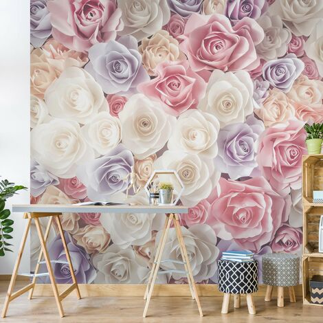 Papier peint adhésif - Pastel Paper Art Roses - Mural Carré