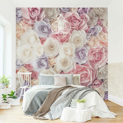 Papier peint intissé Premium - Pastel Paper Art Roses - Mural Carré  Dimension HxL: 192cm x 192cm