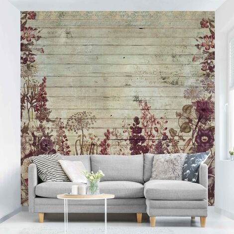 Papier peint adhésif - Vintage Floral Wood Look - Mural Format