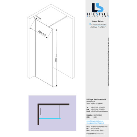 Duschwand 10mm ESG Glas | 30x200cm | Walk-In Dusche | Schwarz | Klarglas Satiniert