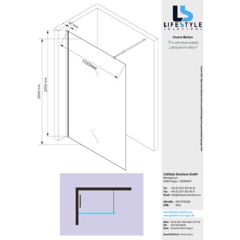 Glaszentrum Hagen - Walk in Duschwand - Duschabtrennung ESG Glas 10mm 160x200cm