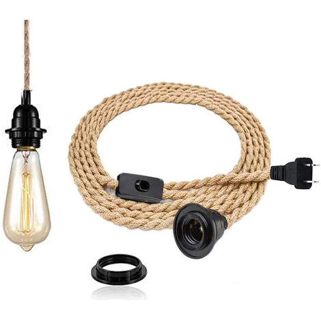 TTIO Vintage Lustre corde chanvre de 4,5 mètres - Rétro Douille E27 avec Interrupteur Lampe Suspension Corde pour Restaurant Bar Cafe Lighting Utilisation - ampoule pas inclus [Classe énergétique A++]