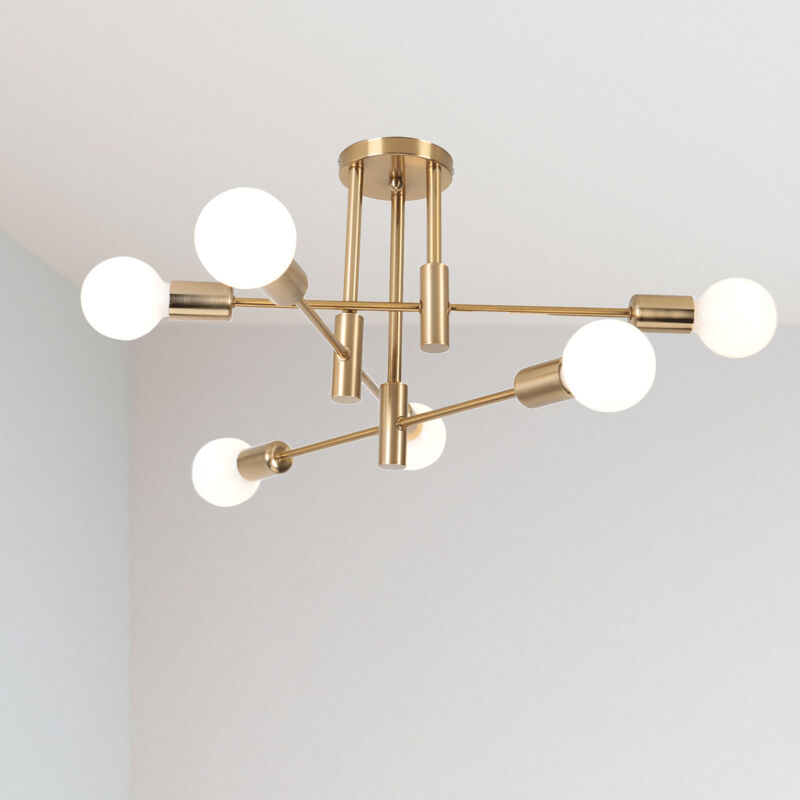 Lustre Spoutnik moderne à 6 lumières en laiton brossé avec