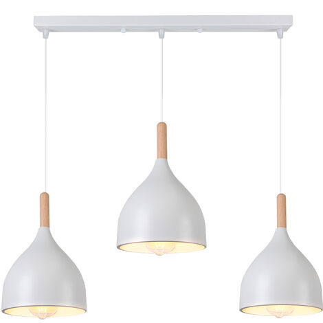 Wottes – Lustre suspendu en métal et bois – Abat-jour blanc 18cm – 3 prises E27 jusqu'à 60W – Longueur câble 100cm réglable