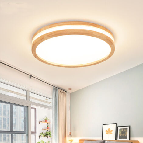 Wottes – Plafonnier LED rond 30W Ø30cm – Lumière neutre 4500K – Abat-jour en bois et acrylique – Économie d'énergie 80%