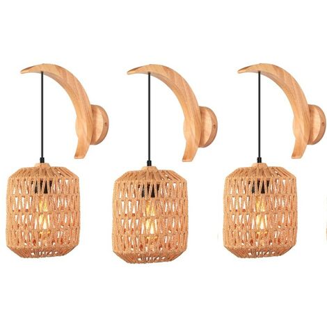 Wottes – Applique murale rétro en métal et corde de chanvre – Abat-jour lanterne Ø16cm – Compatible E27 jusqu'à 60W – Lot de 3