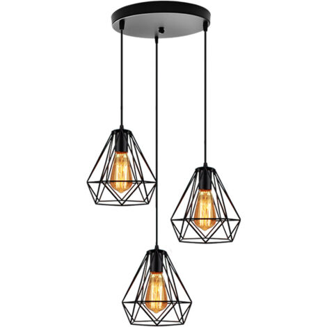 Lustre Suspension Industriel Vintage Lumières Suspension Forme Diamant 3 Lampes pour Chambre Salon Bar Noir (1/5)