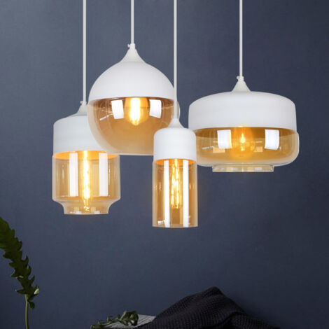 Wottes – Lot de 4 lampes suspension industrielle rétro – Abat-jour en verre ambre et blanc – Hauteur réglable – Douille E27 – Installation personnalisée (1/5)
