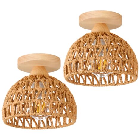 Wottes – Plafonnier vintage en bois et corde de chanvre Ø20cm – Suspension intérieure – Ambiance rétro moderne – Lot de 2 pièces