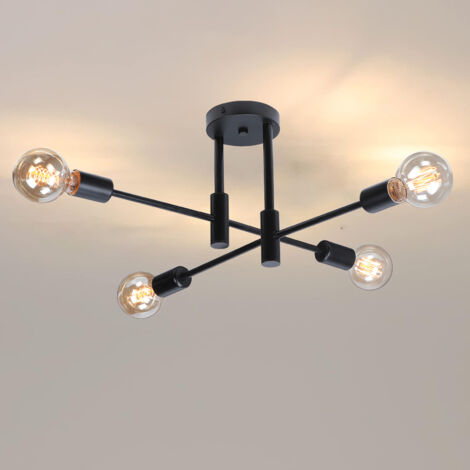 Plafonnier Industriel Vintage Luminaire de Plafond Lustre Sputnik Lampe de Plafond Intérieur E27 Noir - 4 Douilles