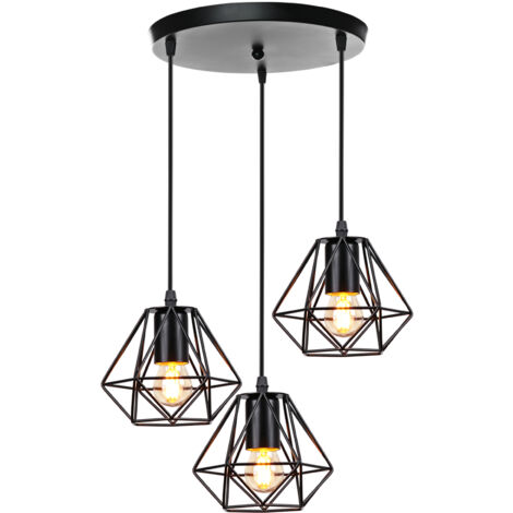 Lampes Suspension Vintage Industrielle Lustre Suspension Métal 3 Lampes de Plafond Abat-Jour Noir Ø16CM Base au Plafond Ø25CM (1/5)