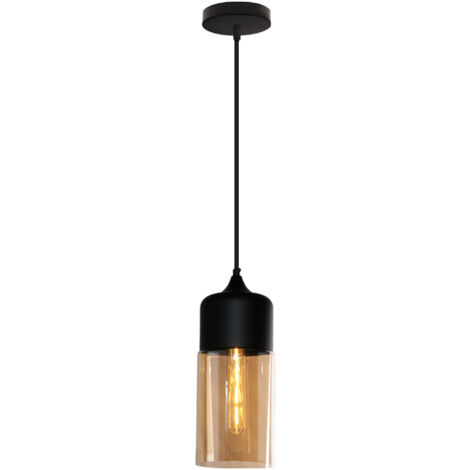Suspension Luminaire Vintage Industriel Lustre Suspension Abat-jour en Verre Lustre Plafonnier Noir et Ambre E27 Ø13CM - 1Pcs