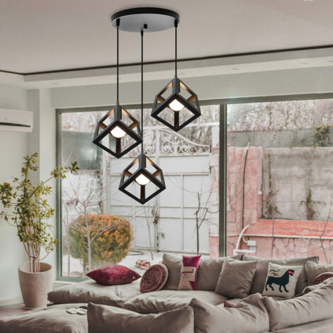 Lustre Suspension Industrielle E27 Lampe de Plafond en Métal Lustre Abat-jour 3 Lampes pour Chambre Salon Restaurant - Noir