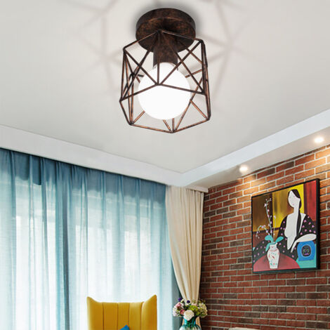 Plafonnier Industrielle Vintage Lampe de Plafond Cage en Métal Suspension Luminaire E27 Rose Ø15CM pour Salon Chambre Café Bar - 1Pcs
