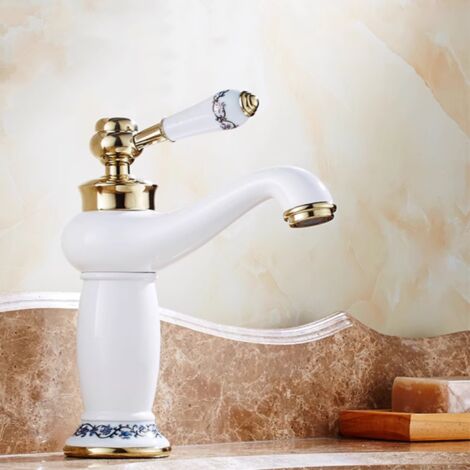 Robinet Lavabo Salle de Bain Rétro Mitigeur Lavabo Poignée Unique Décoration Blanc (1/5)