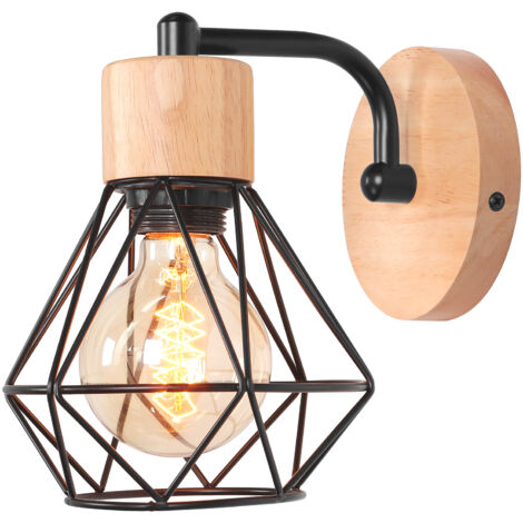 Applique Murale Industriel Rétro Luminaire Murale Diamant Cage Créatif Lampe Murale en Bois et Métal Ø15CM Noir - 1Pcs