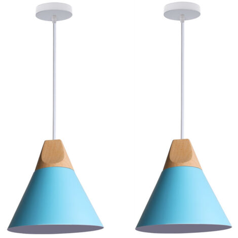 Lustre Suspension Moderne Plafonnier Luminaire en Métal et Bois Lampe à Suspension Réglable Bleu E27 Ø22CM - 2Pcs (1/5)