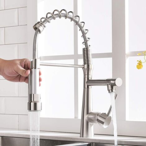 Robinet Cuisine avec 2 Jets Robinetterie à Ressort Cuisine Extensible Pivotant à 360 Robinets d'évier de Cuisine Argenté (1/5)